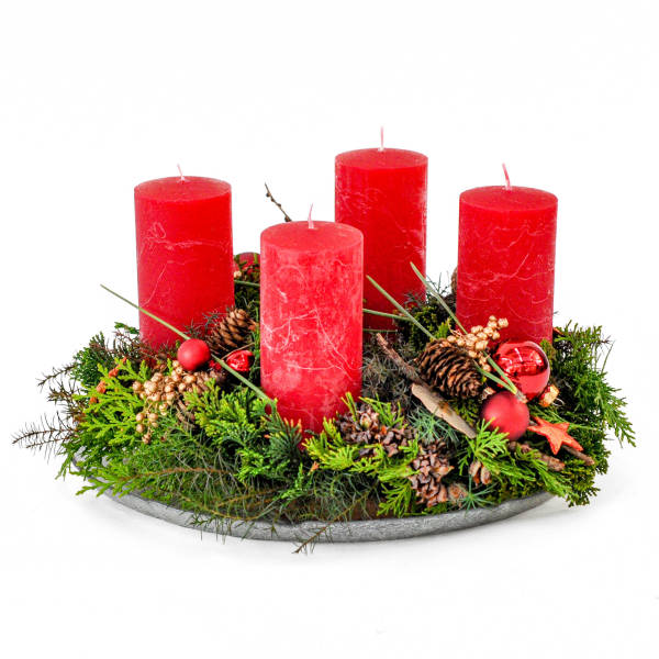 Adventskranz rund mit roten Kerzen
