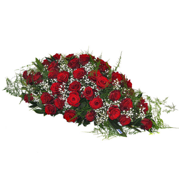Sargbouquet mit roten Rosen